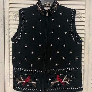Christopher & Banks Black Hand Embroidered Sweater Vest With Cardinals and Beads